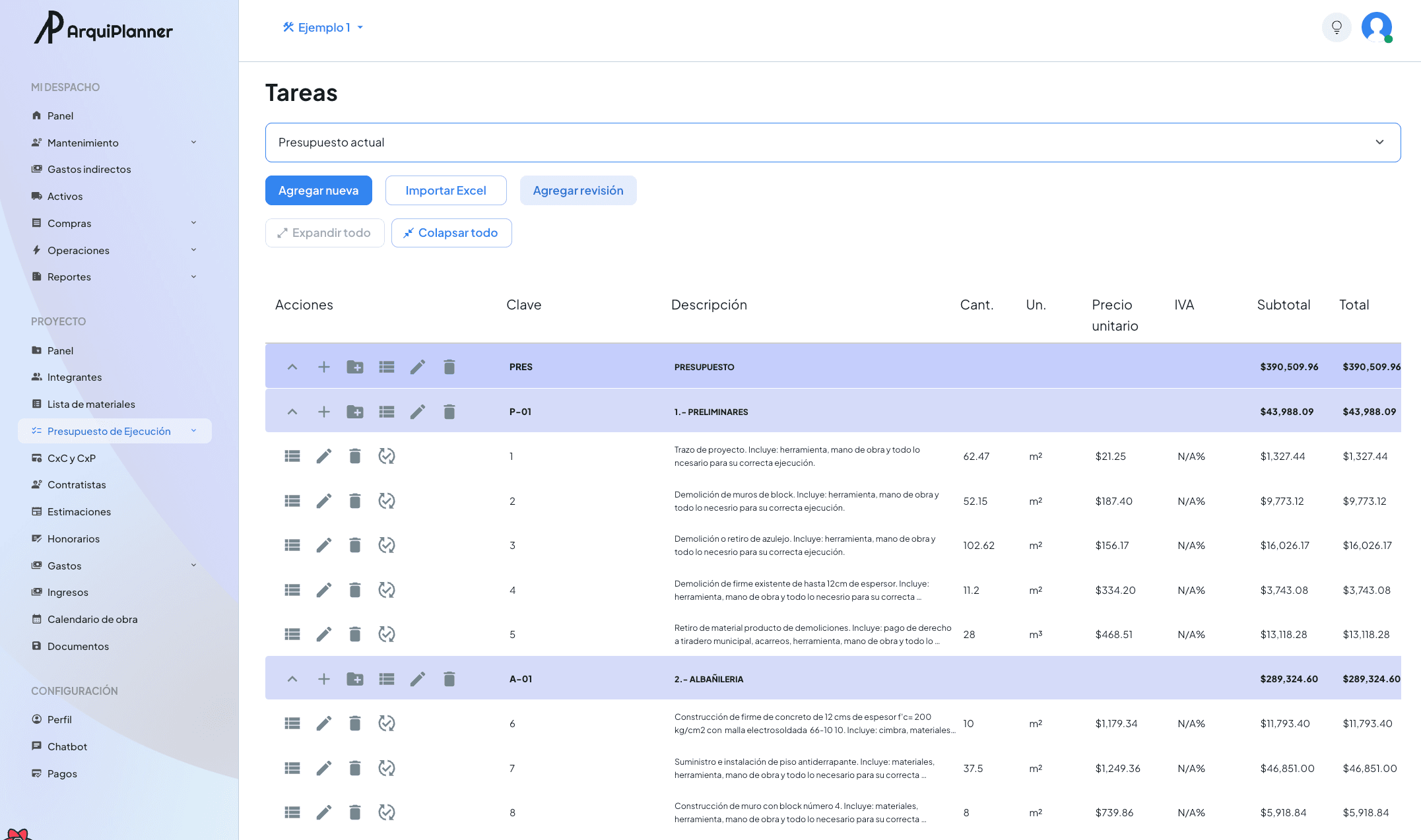 Vista de presupuesto en Arquiplanner